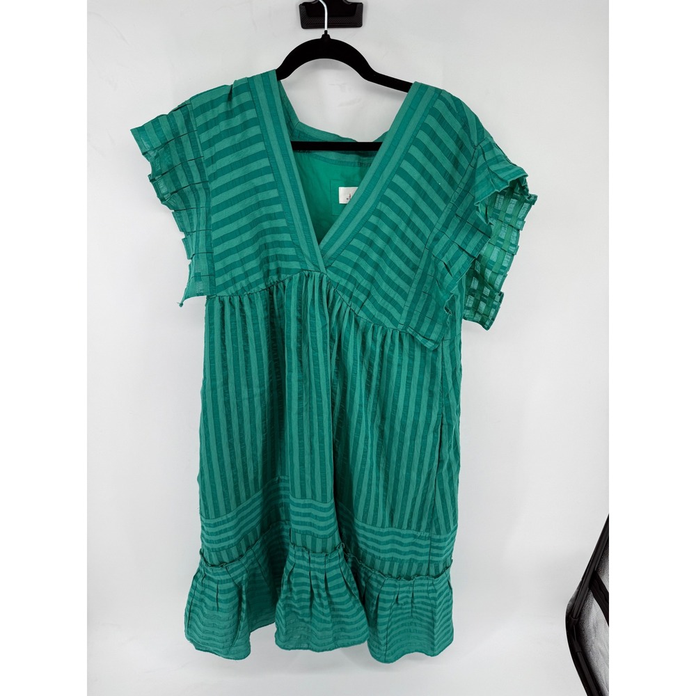 Anthropologie Green Striped Ruffle Sleeve Babydoll Midi Dress XSP